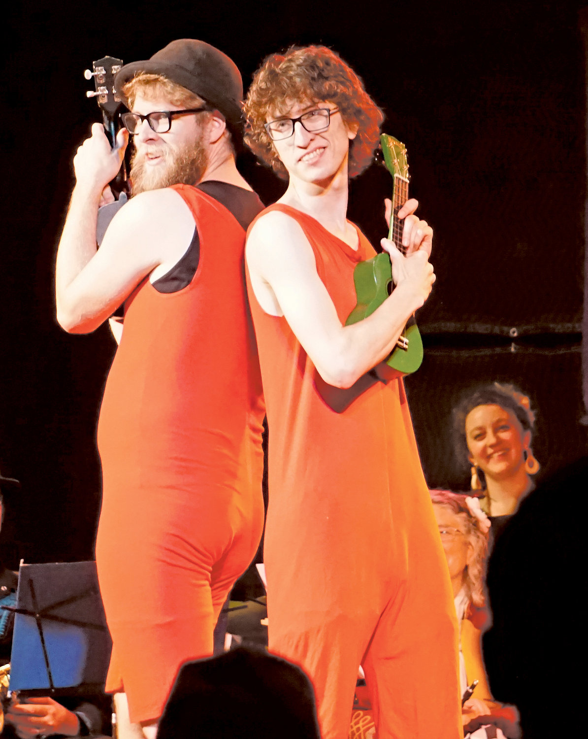 The juggling and musical duo, Strangely Jeremiah, perform with their ukuleles.